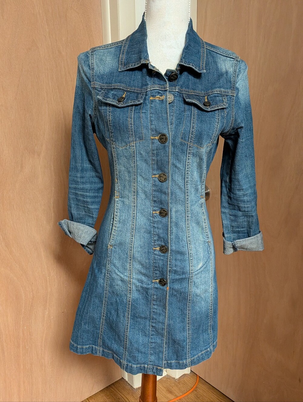 Indigo Rein Denim Button Front Shirt Dress Size Small Feminist Patch Stretch